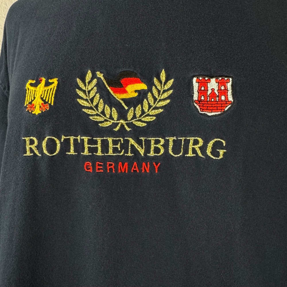 Large Vtg 90's Rothenburg Germany Gold embroidery tshirt Navy blue 100% cotton - Picture 2 of 8